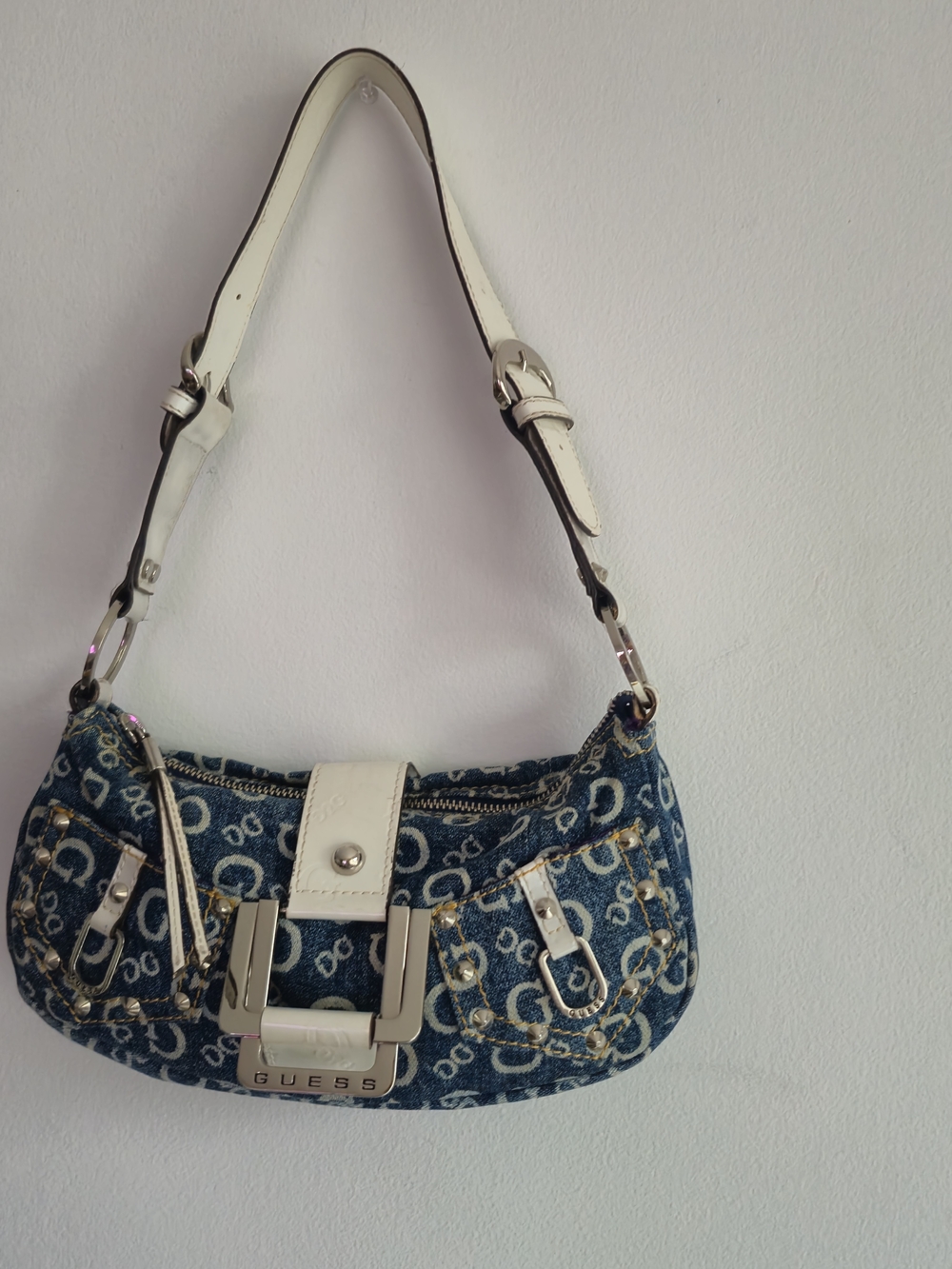 Y2K Vintage Guess Monogram Denim Shoulder Bag Studded White Trim 2000s Handbag